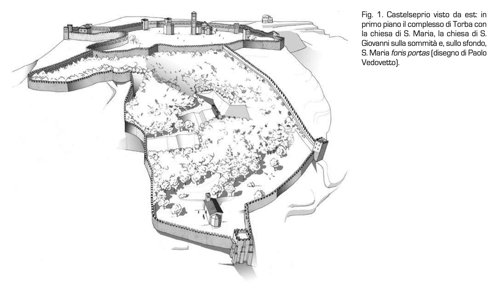 CASTELSEPRIO VISTO DESDE EL ESTE. EN PRIMER PLANO COMPLEJO DE TORBA CON LA IGLESIA DE SANTA MARÍA, LA IGLESIA DE SAN GIOVANNI EN LA PARTE SUPERIOR Y, AL FONDO, FUERA DE LA MURALLA, SAN MARIA FORIS PORTAS | Imagen obtenida de Gian Pietro Brogiolo (2013), 213. Dibujo de Paolo Vedovetto