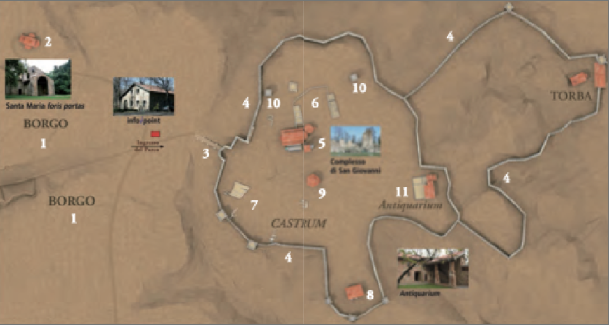 PLANTA DEL PARQUE ARQUEOLÓGICO DE CASTELSEPRIO CON LOS PRINCIPALES ELEMENTOS VISITABLES | Imagen obtenida de la Guía para la visita del Parco Archeologico e Antiquarium CASTELSEPRIO. Il castrum e il borgo