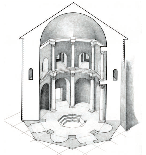 BAPTISTERIO DE SAN AMBROSIO (MILÁN, ITALIA) | En tiempos de San Ambrosio | Imagen obtenida de: https://archeologiagalliacisalpina.wordpress.com/tag/sant-ambrogio-e-san-agostino-dove-furono-battezzati/