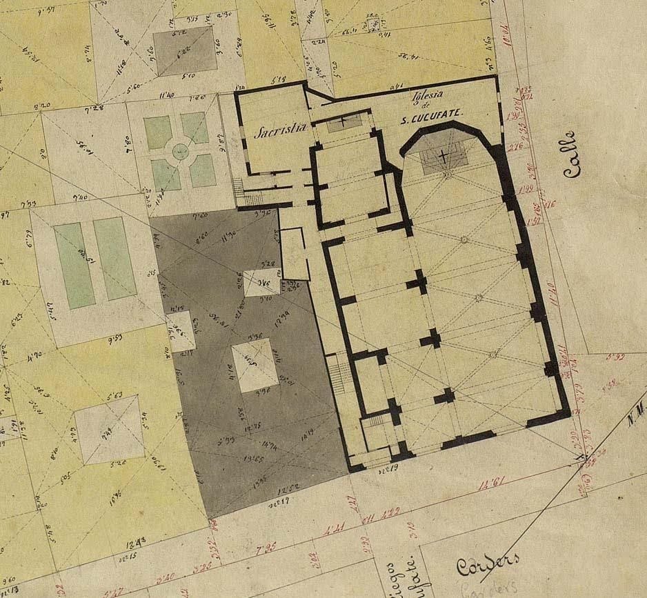 BASILICA DE SAN CUGAT DEL REC (BARCELONA, ESPAÑA) | Planta del edificio en el estado que presentaba a mediados del siglo XIX, según detalle en el plano denominado ‘Quarterons Garriga i Roca” | © Ajuntament de Barcelona