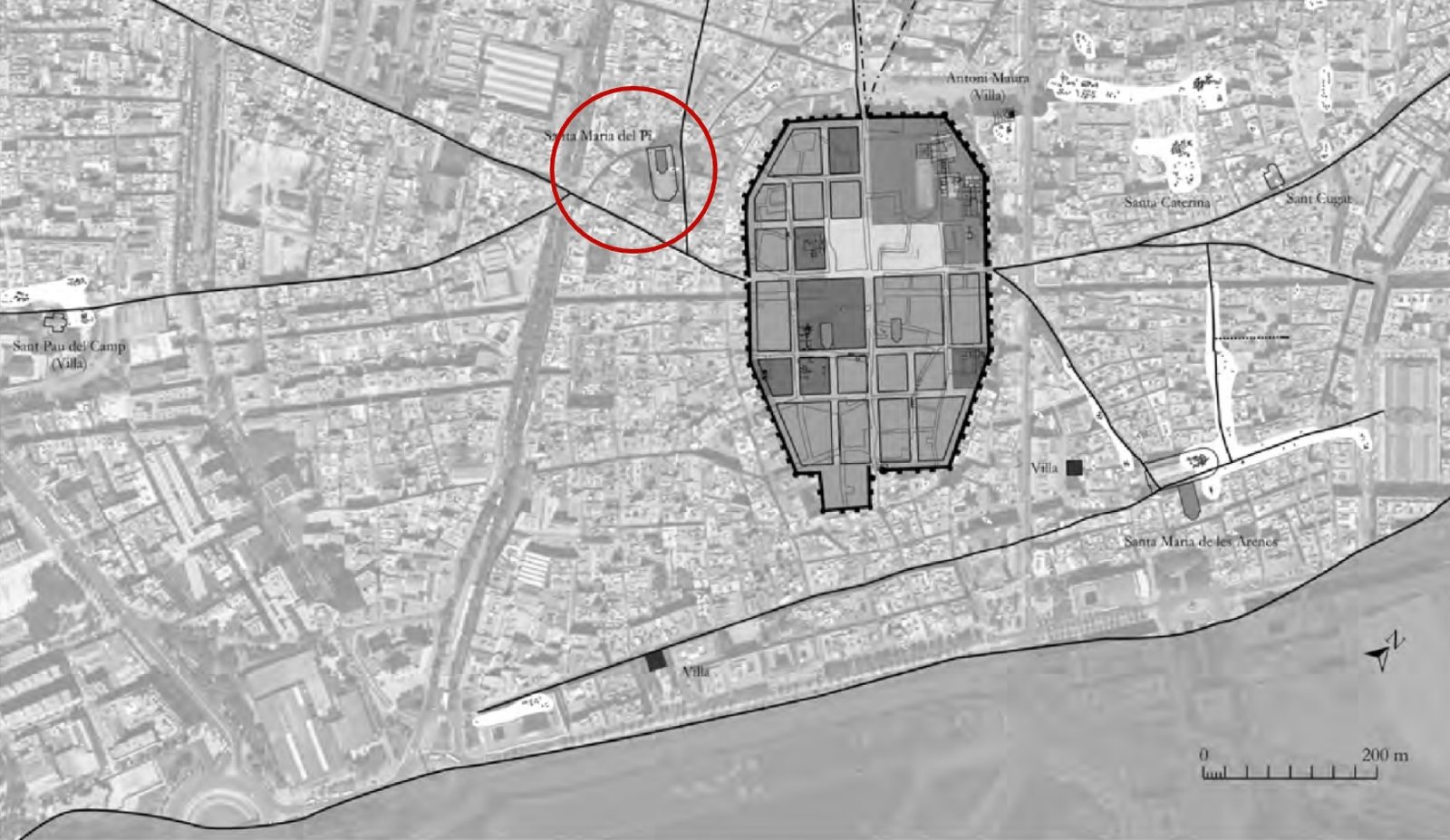 BASÍLICA DI SANTA MARÍA DEL PI (BARCELONA) | Situación respecto a la ciudad romana y a los ejes viarios | © BELTRÁN DE HEREDIA, 2011: 107