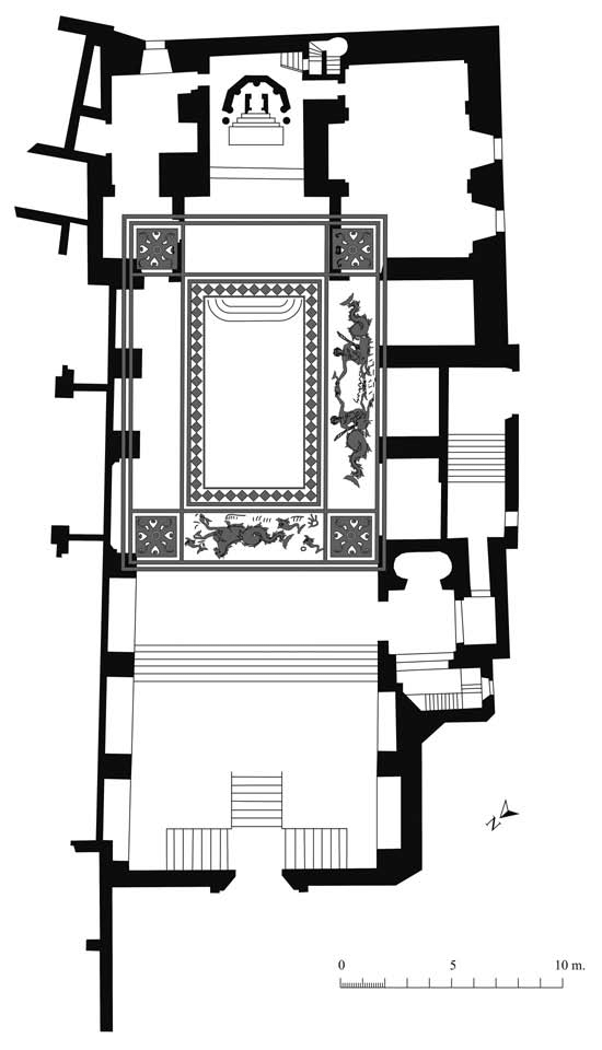 IGLESIA DE SAN MIGUEL SOBRE UNAS TERMAS (BARCELONA, ESPAÑA) | Planta del edificio antes de ser demolido en el siglo XIX. Obsérvese el mosaico romano de temas marinos. | © BELTRÁN DE HEREDIA, 2013