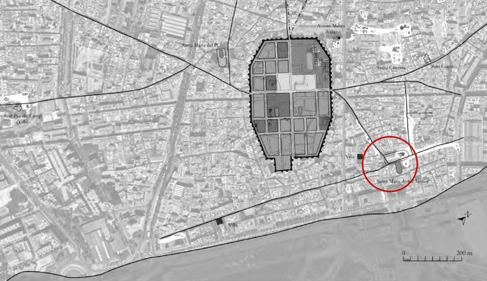 BASÍLICA DE SANTA MARÍA DEL MAR (BARCELONA) | Situación respecto a la ciudad romana y a los ejes viarios | © BELTRÁN DE HEREDIA, 2011: 107