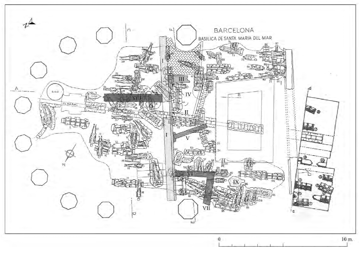 BASÍLICA DE SANTA MARÍA DEL MAR (BARCELONA) | Necrópolis tardoantigua hallada en la zona del ábside de la basílica gótica | Marià Ribas, reproducido en Beltrán de Heredia 2011