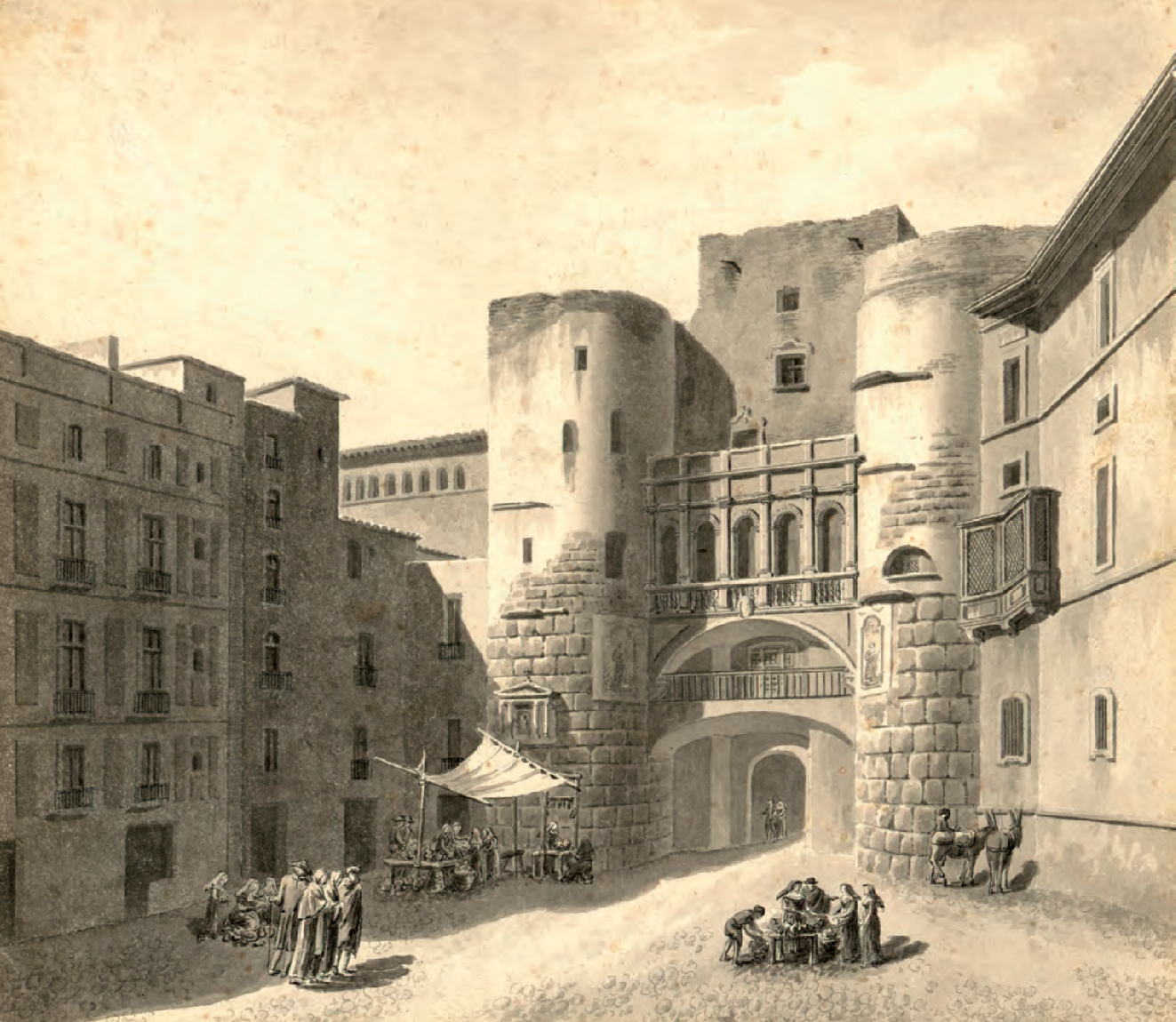 MURALLA ROMANA, VISIGODA Y ALTOMEDIEVAL (BARCELONA, ESPAÑA) | Acceso Norte al decumanus, en un dibujo 1806 de Jacques Moulinier incluido en el libro Voyage pittoresque et historique en Espagne, de Alexandre Laborde.