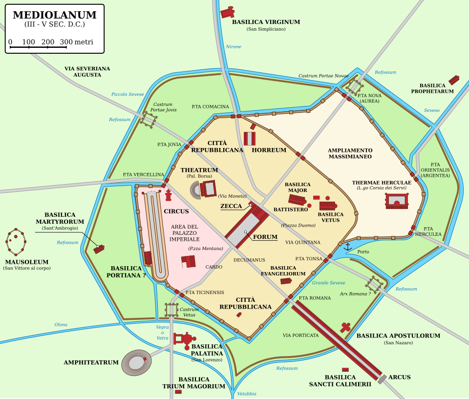 PALACIO DE MAXIMIANO (MILÁN, ITALIA) | Imagen obtenida de https://es.wikipedia.org/wiki/Palacio_imperial_romano_de_Milán#/media/Archivo:Mediolanum_Romana.svg/
