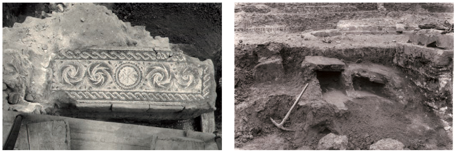 SANTA MARTA PLAZA ANTONI MAURA (BARCELONA, ESPAÑA) | Instantáneas de las antiguas excavaciones llevadas a cabo en el sector. Detalle de la aparición de un singular mosaico funerario de titular desconocido. | © Fons d’Excavacions Antigues-MUHBA, reproducido en BELTRÁN DE HEREDIA, 2013
